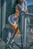 Orange Sportswear Print Letter O Neck Long Sleeve Two Pieces