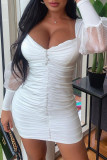 Orange Fashion Sexy Solid Fold Square Collar Long Sleeve Dresses