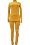 Yellow Casual Pit Article Fabrics Solid Split Joint Turtleneck Long Sleeve Regular Sleeve Regular Two Pieces