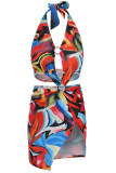 Colour Fashion Sexy Print Backless Halter Printed Dress