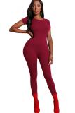 Wine Red Fashion Sexy Solid Patchwork Polyester Short Sleeve O Neck Jumpsuits