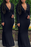 Black Sexy Solid Buttons V Neck Trumpet Mermaid Dresses