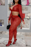 Red Sexy Patchwork See-through V Neck Long Sleeve Two Pieces