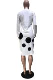 White Polyester Casual Fashion Cap Sleeve Long Sleeves Turndown Collar Slim Dress Knee-Length Solid Ball a