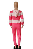 Pink Polyester OL Striped Patchwork Print pencil Long Sleeve Two Pieces