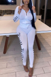 White Casual Solid Letter Hooded Collar Long Sleeve Two Pieces
