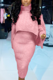 Pink Street Solid Patchwork Turtleneck Long Sleeve Two Pieces