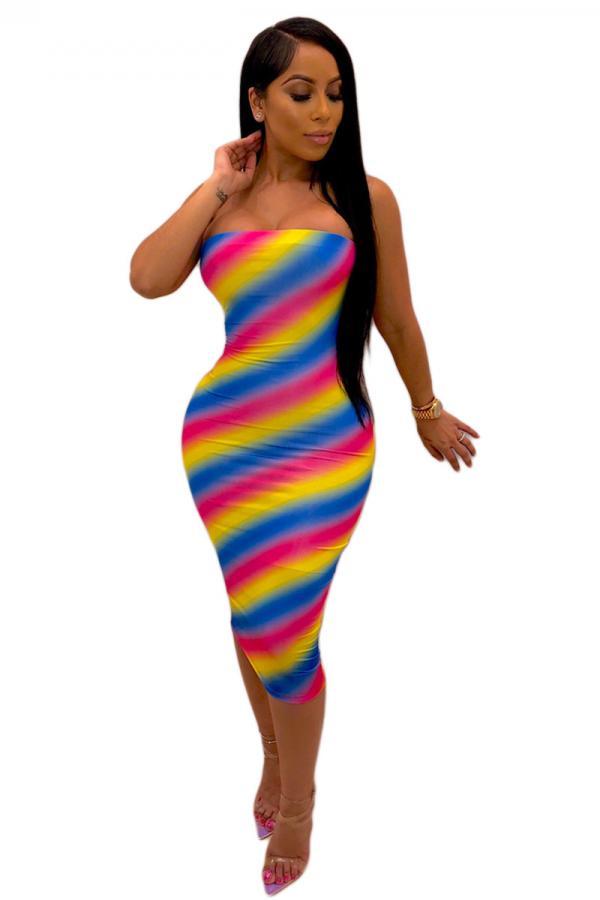Multi-color Sexy Off The Shoulder Sleeveless Wrapped chest Step Skirt Mid-Calf Striped Club Dresses