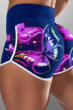 Blue Casual Sportswear Print Patchwork Skinny High Waist Shorts