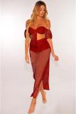 rose red Fashion Sexy asymmetrical Bandage Slim fit crop top Split HOLLOWED OUT Two Piece Suits Sol
