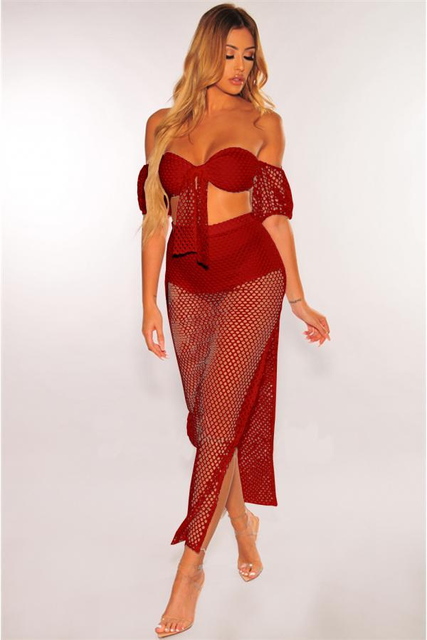 Wine Red Fashion Sexy asymmetrical Bandage Slim fit crop top Split HOLLOWED OUT Two Piece Suits Sol