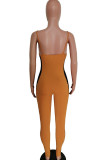 Yellow Fashion street Patchwork Mesh Solid Cotton Sleeveless V Neck Jumpsuits