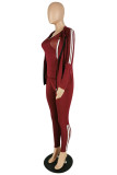 Wine Red Casual Solid Patchwork Long Sleeve Two Pieces