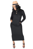 Black Fashion Casual adult Cap Sleeve Long Sleeves O neck Step Skirt Mid-Calf Patchwork Solid