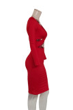 Red Sexy Solid Hollowed Out Split Joint V Neck Wrapped Skirt Dresses