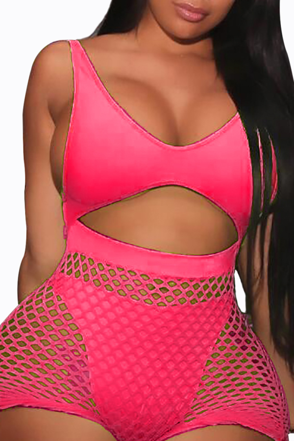 Rose Red Sexy Solid Hollowed Out Split Joint Swimwears