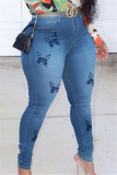 Deep Blue Fashion Casual Butterfly Print Basic Mid Waist Skinny Jeans (Without Belt)