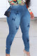 Medium Blue Fashion Casual Butterfly Print Basic Mid Waist Skinny Jeans (Without Belt)