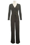 Silver Polyester Drawstring Long Sleeve Mid Patchwork Skinny Pants Jumpsuits & Rompers