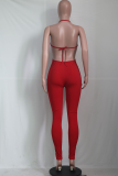 Pink Sexy Solid Hollowed Out Halter Skinny Jumpsuits