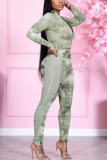 Green Casual Print Solid Split Joint Zipper Collar Long Sleeve Two Pieces