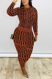 Brown Fashion Casual Print Split Joint O Neck Long Sleeve Two Pieces