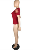 Red Fashion Casual Embroidery Patchwork O Neck Tops