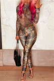 Multicolor Fashion Sexy Print See-through O Neck Long Sleeve Two Pieces