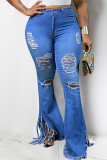 Light Blue Fashion Casual Solid Tassel Ripped High Waist Boot Cut Jeans