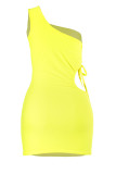 Yellow Fashion Sexy Solid Hollowed Out fur One Shoulder Sleeveless Dress