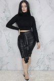 Black PU Elastic Fly Mid Patchwork Asymmetrical Solid Hip skirt Skirts