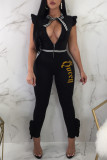Black Fashion Casual Letter Print With Bow O Neck Skinny Jumpsuits