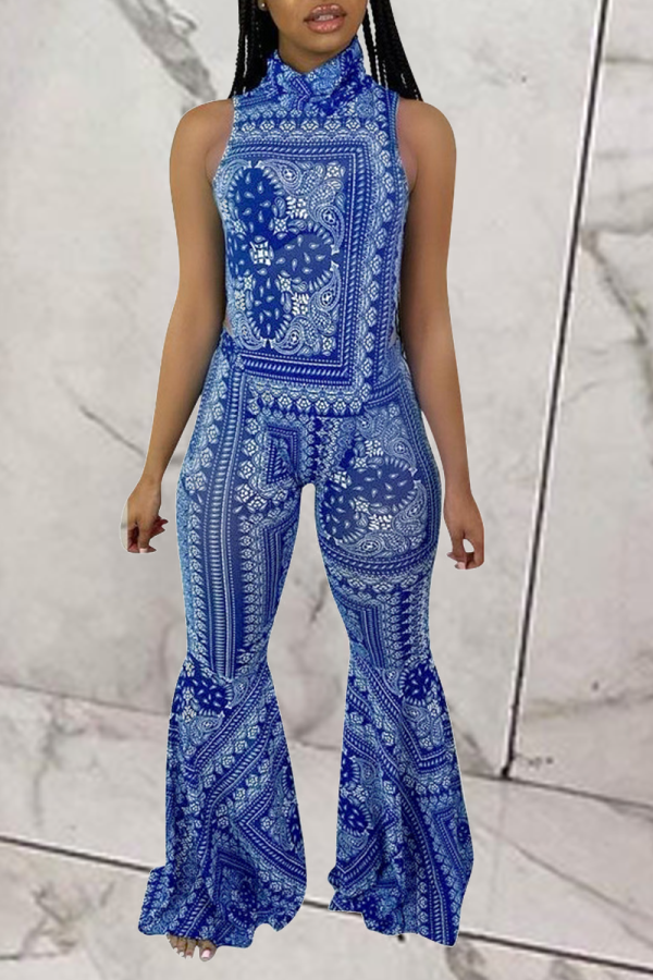 Blue Sexy Print Patchwork Turtleneck Sleeveless Two Pieces