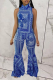 Blue Sexy Print Patchwork Turtleneck Sleeveless Two Pieces