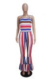 rose red Fashion Casual Draped Print Striped Polyester Sleeveless Slip Jumpsuits