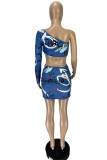 Blue Fashion Sexy Print Hollowed Out Backless One Shoulder Long Sleeve Dresses