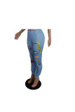 Blue Casual Polyester Print Straight Bottoms