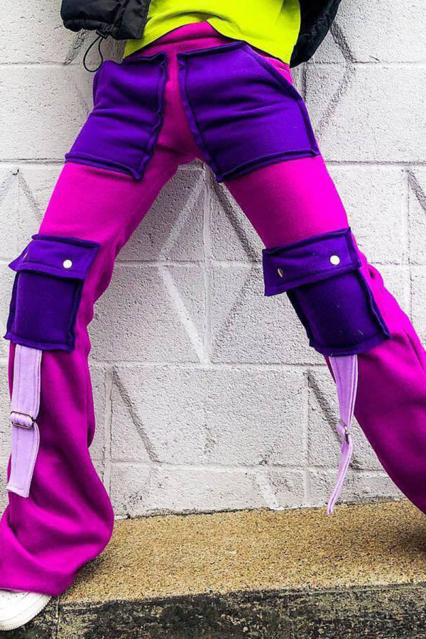 purple Fashion Casual Street Blends Patchwork Split Joint Pocket Straight Bottoms