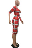 Red Sexy Plaid Striped With Belt V Neck Straight Dresses