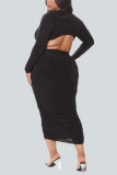 Black Sexy Solid Split Joint Backless V Neck Pencil Skirt Plus Size 