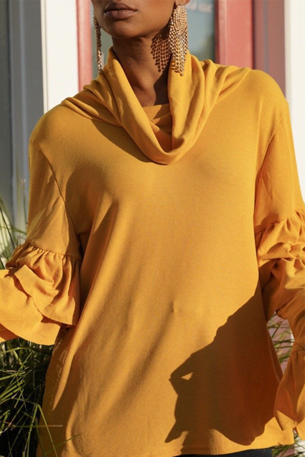 Yellow Casual Solid Patchwork Turtleneck Tops