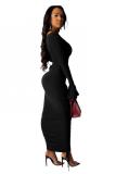 Black Polyester Fashion Sexy adult Bell sleeve Long Sleeves one shoulder collar Step Skirt Ankle-Length Pa
