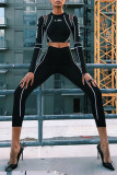 Black Street Print See-through Mesh O Neck Long Sleeve Two Pieces