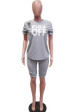Grey Fashion Casual adult Ma'am Letter Patchwork Print Draped Two Piece Suits pencil Short Sleeve Two Pieces