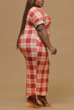 Red-green Polyester Sexy O Neck Plaid Print Pattern Plus Size