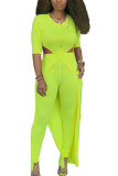 Green and yellow Elegant Solid Hollowed Out Split Joint O Neck Half Sleeve Two Pieces
