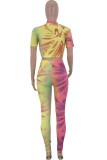 Yellow Fashion Sexy adult Ma'am Patchwork Print Two Piece Suits pencil Short Sleeve Two Pieces