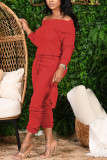 Red Fashion Casual Solid Basic Bateau Neck Long Sleeve Two Pieces