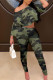Army Green Fashion Casual Camouflage Print Oblique Collar Short Sleeve Two Pieces
