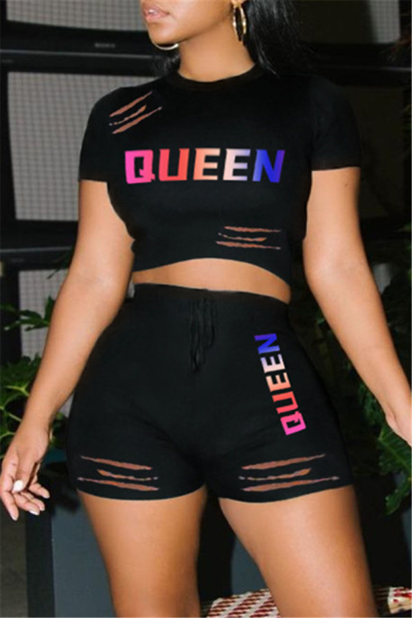 Black Fashion Casual Letter Print Ripped O Neck Short Sleeve Two Pieces